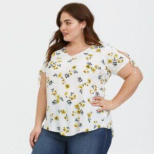 TORRID YELLOW FLORAL RAYON CREPE TIE SLEEVE TOP